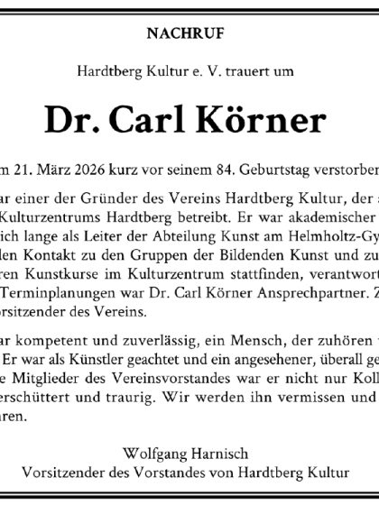 Nachruf Dr. Carl Körner, Anzeige im Generalanzeiger vom 4. April 2026